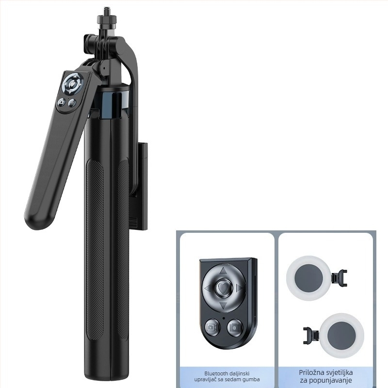 Selfie štap za mobitel s anti‑drhtavim Quadpod stabilizatorom | Materijal: ABS + aluminijska legura / nehrđajući čelik | Uključuje daljinski upravljač | Bluetooth podrška | Dodatno osvjetljenje