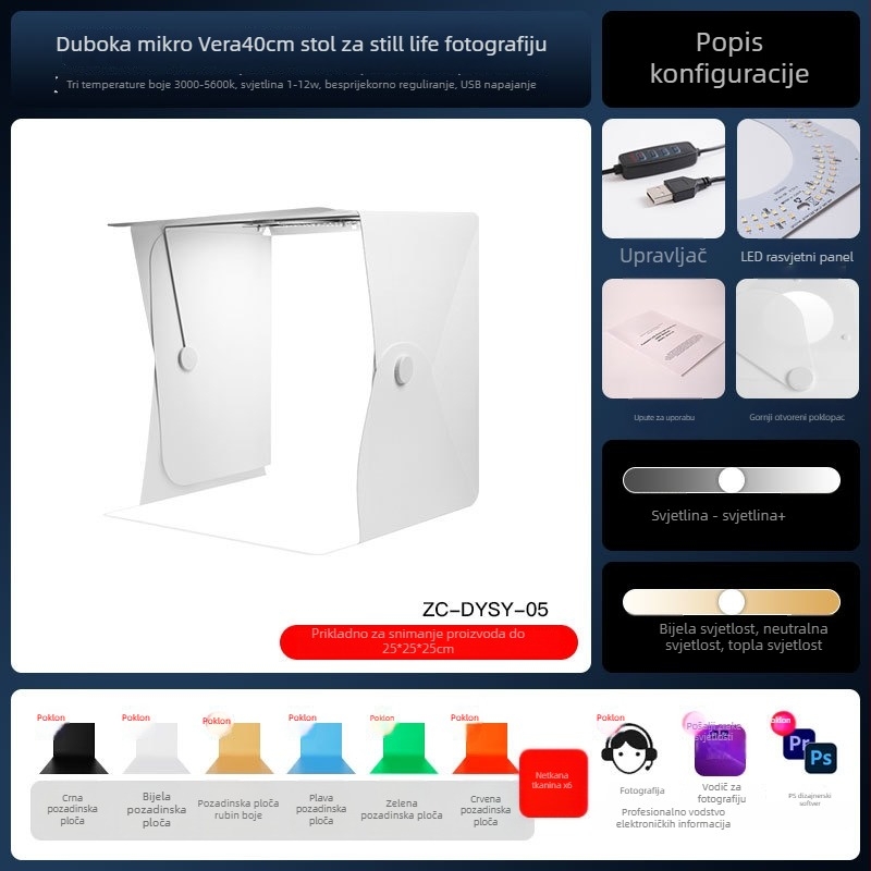 Mini fotografsko studio s ekološkim PP listom i LED svjetlom, model Zc-dysy-04, 40×40×40 cm, 730 g