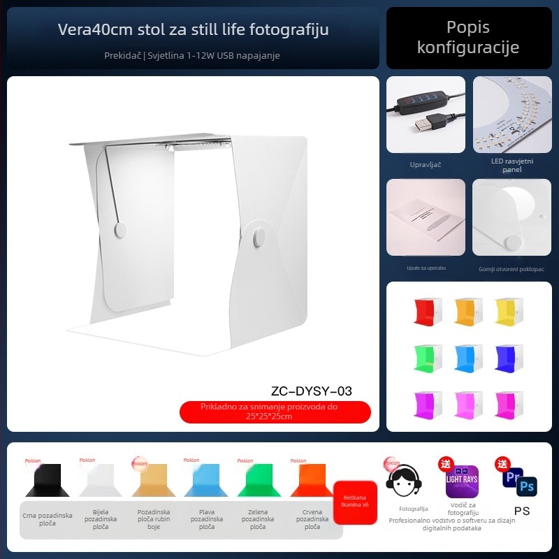 Mini fotografsko studio s ekološkim PP listom i LED svjetlom, model Zc-dysy-04, 40×40×40 cm, 730 g