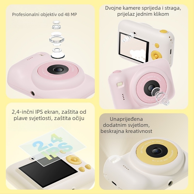 Dječja digitalna kamera sa stalkom — prednja i stražnja dvostruka kamera, preko 40 MP, 2,4-inčni LCD, podrška TF kartici, ABS kućište, model A6