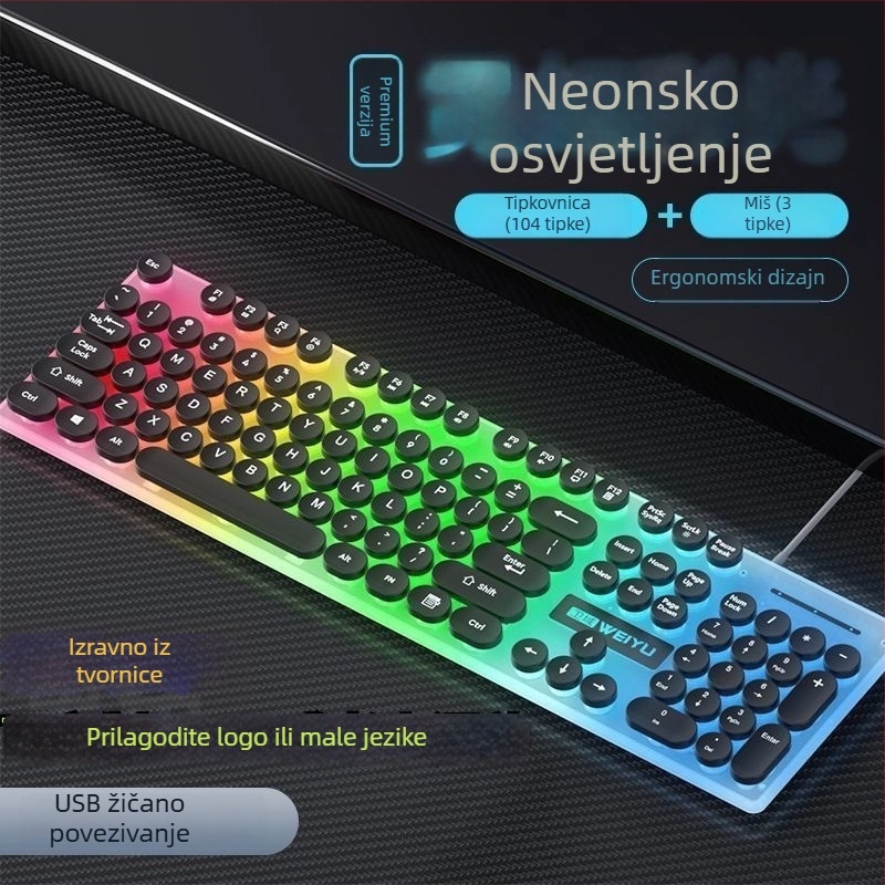 Set tipkovnice i miša s Punk keycap, 104 tipki USB, kabel 1.3 m, ergonomski, mogućnost ispisa logotipa, 1000dpi optička miš