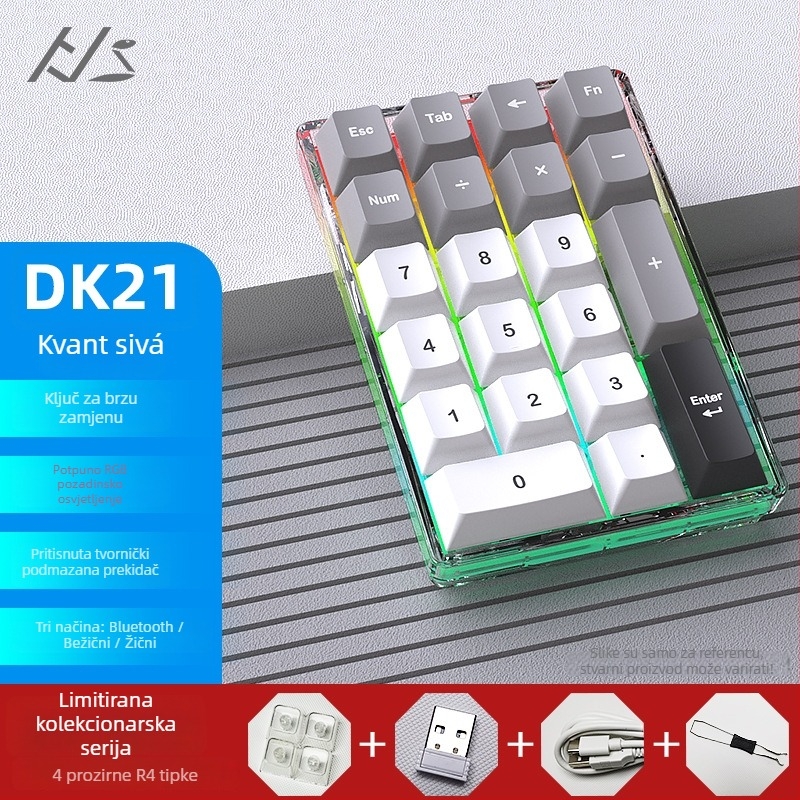 DK21 mehanički keyboard kit, RGB pozadinsko osvjetljenje, proziran digitalni numerički keypad s 21 tipkom, tri načina povezivanja: žično, bežično, Bluetooth, hot-swappable