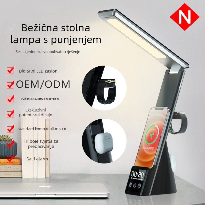 Stolna lampa s Qi bežičnim punjenjem 15W, sklopiva zaštita za oči, digitalni zaslon, kompatibilno s iPhone, Apple Watch i AirPods