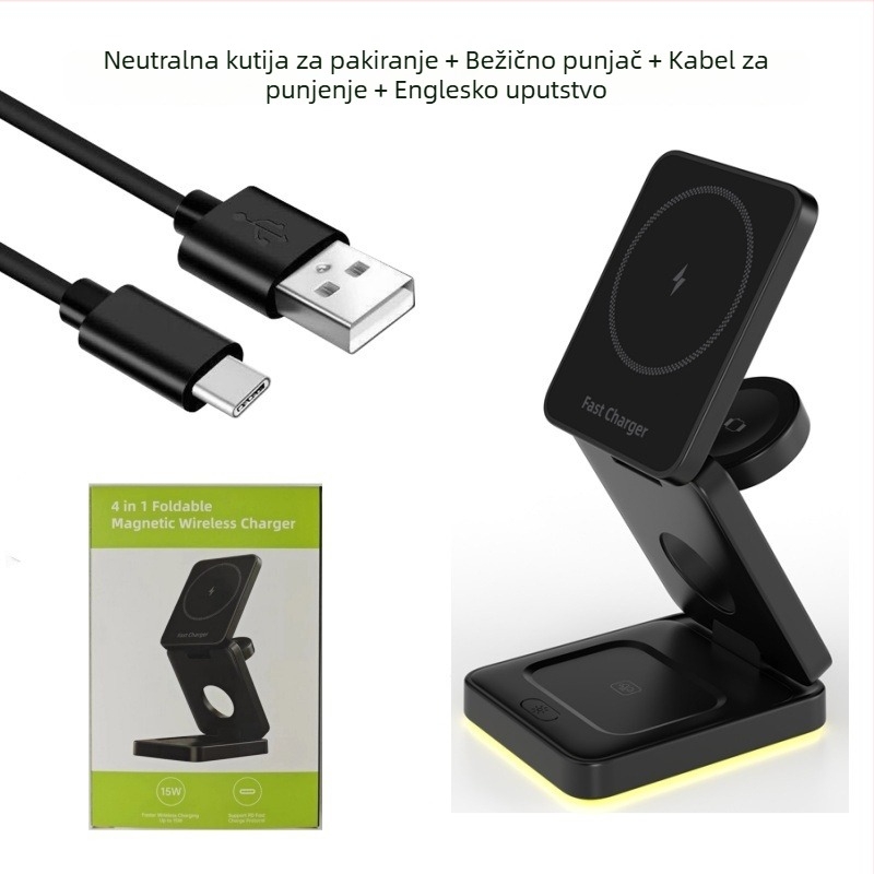 3-u-1 sklopivi magnetski bežični punjač-stativ, Qi 15W napajanje, USB-C ulaz, QC3.0/PD