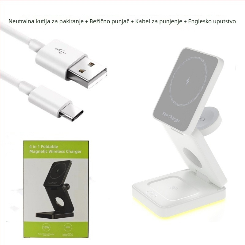 3-u-1 sklopivi magnetski bežični punjač-stativ, Qi 15W napajanje, USB-C ulaz, QC3.0/PD