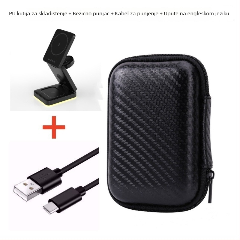 3-u-1 sklopivi magnetski bežični punjač-stativ, Qi 15W napajanje, USB-C ulaz, QC3.0/PD