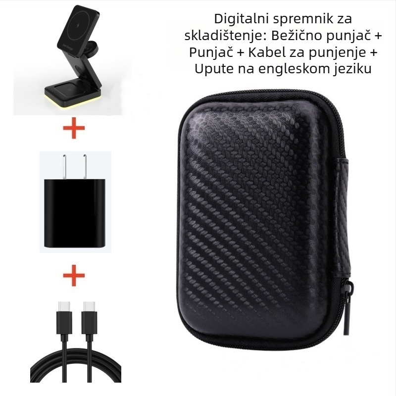 3-u-1 sklopivi magnetski bežični punjač-stativ, Qi 15W napajanje, USB-C ulaz, QC3.0/PD