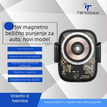 MagSafe auto magnetski bežični punjač s dodirnim senzorom, prozirni punk stil, 15W max, USB-C, QC3.0, magnetsko držanje