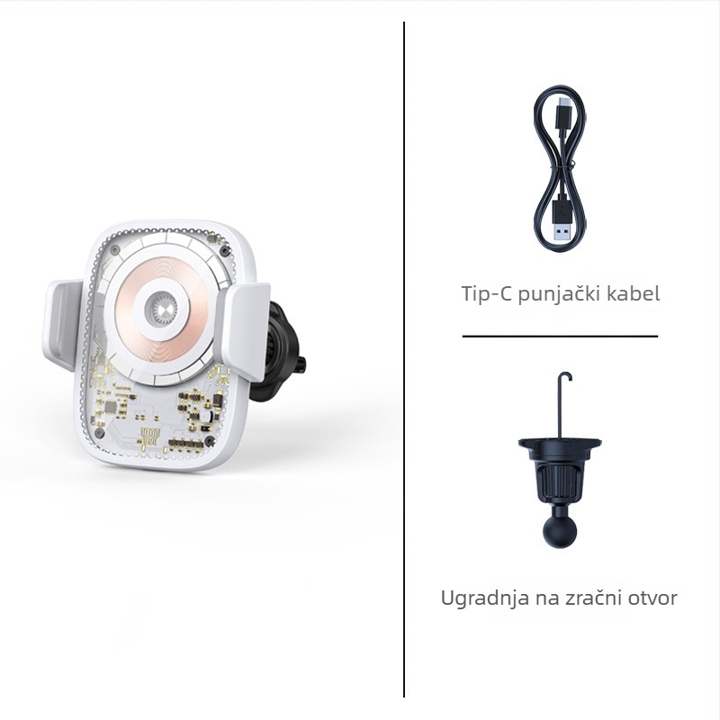 MagSafe auto magnetski bežični punjač s dodirnim senzorom, prozirni punk stil, 15W max, USB-C, QC3.0, magnetsko držanje
