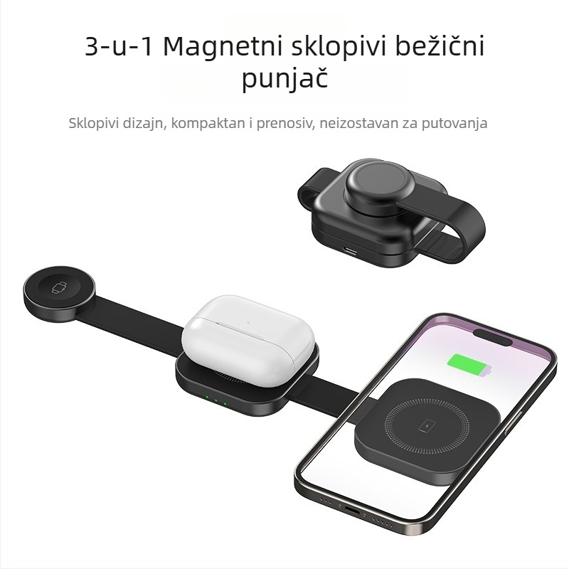 3-u-1 magnetski bežični punjač za Apple i Huawei telefone, slušalice i sat — 15W max, QC3.0, Type-C ulaz