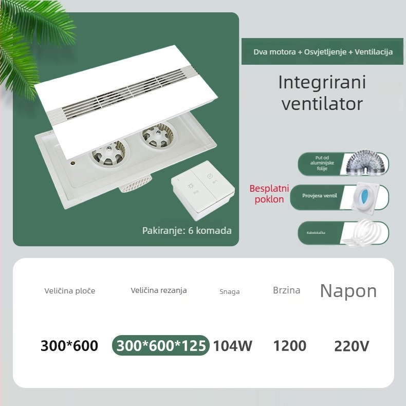 Integrirani stropni ventilator za odvod zraka, DX-H600-17, 220V, 64W, tiho osvjetljenje, 2 u 1 ventilacija