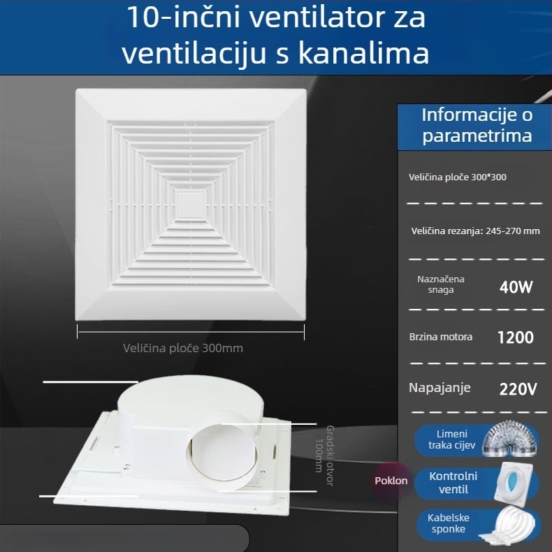 Kanalski ventilator za kuhinju i kupaonicu, ugradnja u spušteni strop, 220V, 40W