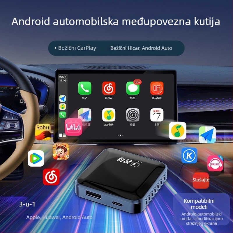 JY-A3 Android automobilni interkonekcijski modul — dvostruki jezgrovni procesor, 1GB RAM, USB sučelje, Operacijski sustav: Wireless CarPlay/HiCar/Auto