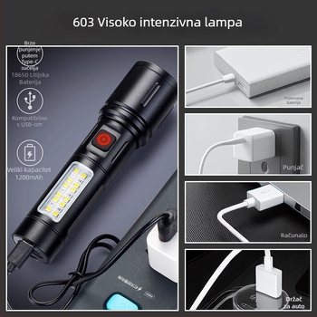 LED baterijska svjetiljka od aluminijske legure s teleskopskim zumom i bočnim svjetlom, 10W, domet 200–500 m, punjiva, 1200 mAh, višefunkcionalna