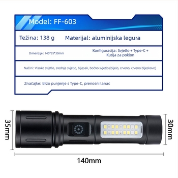 LED baterijska svjetiljka od aluminijske legure s teleskopskim zumom i bočnim svjetlom, 10W, domet 200–500 m, punjiva, 1200 mAh, višefunkcionalna