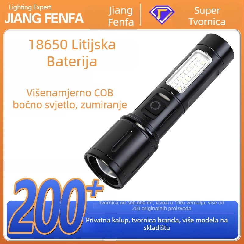 LED baterijska svjetiljka od aluminijske legure s teleskopskim zumom i bočnim svjetlom, 10W, domet 200–500 m, punjiva, 1200 mAh, višefunkcionalna