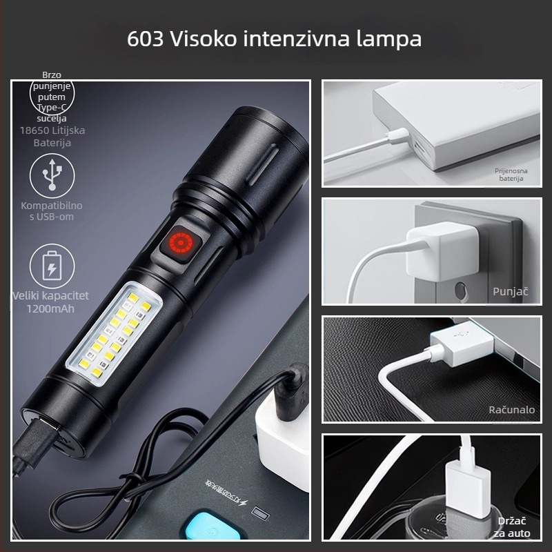 LED baterijska svjetiljka od aluminijske legure s teleskopskim zumom i bočnim svjetlom, 10W, domet 200–500 m, punjiva, 1200 mAh, višefunkcionalna