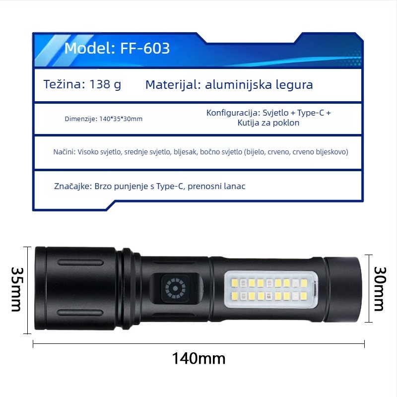 LED baterijska svjetiljka od aluminijske legure s teleskopskim zumom i bočnim svjetlom, 10W, domet 200–500 m, punjiva, 1200 mAh, višefunkcionalna