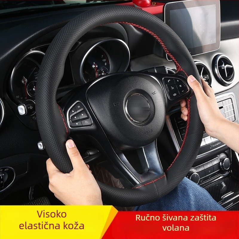 Ručni šivani kožni navlak za volan, univerzalna za sve sezone, umjetna koža, četverostruka elastična konstrukcija