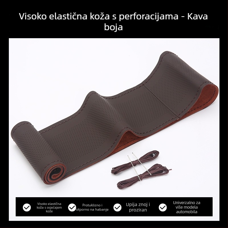 Ručni šivani kožni navlak za volan, univerzalna za sve sezone, umjetna koža, četverostruka elastična konstrukcija