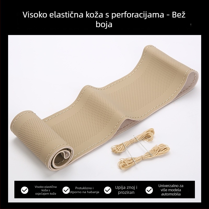 Ručni šivani kožni navlak za volan, univerzalna za sve sezone, umjetna koža, četverostruka elastična konstrukcija