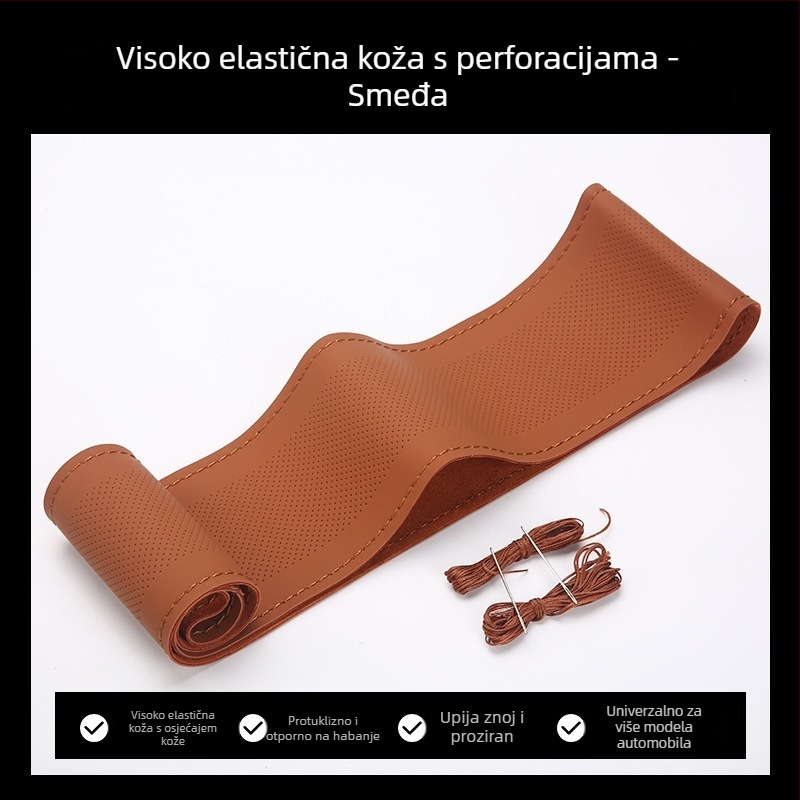 Ručni šivani kožni navlak za volan, univerzalna za sve sezone, umjetna koža, četverostruka elastična konstrukcija