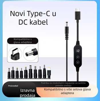 Type-C na DC kabel, višenamjenski, podesivo napajanje 9V/12V/18V/21V, dvostruko dugme, bakreno jezgro, duljina 1,2 m