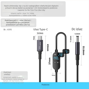 PD kabel s digitalnim zaslonom za brzo punjenje, Type-C na DC5521, visoka snaga, podesivi napon, višefunkcijski adapter