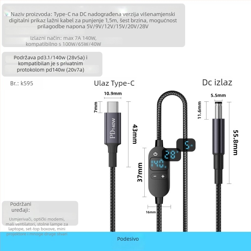 PD kabel s digitalnim zaslonom za brzo punjenje, Type-C na DC5521, visoka snaga, podesivi napon, višefunkcijski adapter