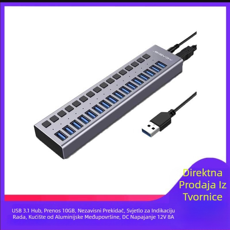 USB 3.1 hub, kućište od aluminijske legure, potrebno vanjsko napajanje, proširenje 1-6 priključaka, brzina prijenosa 10 Gbps