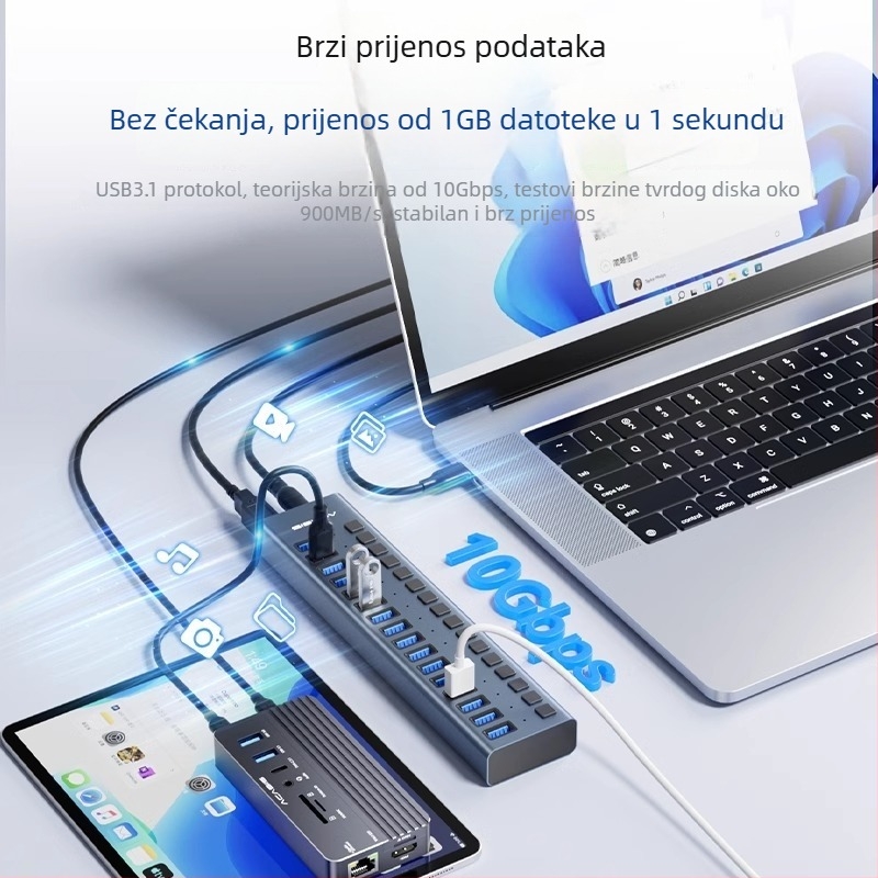 USB 3.1 hub, kućište od aluminijske legure, potrebno vanjsko napajanje, proširenje 1-6 priključaka, brzina prijenosa 10 Gbps