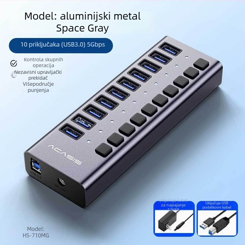 USB 3.1 hub, kućište od aluminijske legure, potrebno vanjsko napajanje, proširenje 1-6 priključaka, brzina prijenosa 10 Gbps