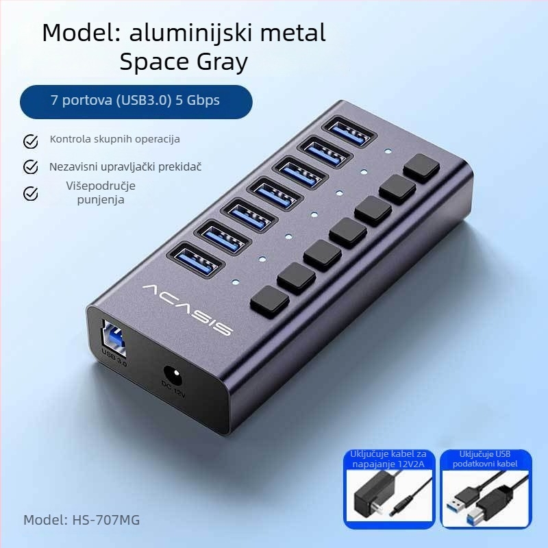 USB 3.1 hub, kućište od aluminijske legure, potrebno vanjsko napajanje, proširenje 1-6 priključaka, brzina prijenosa 10 Gbps