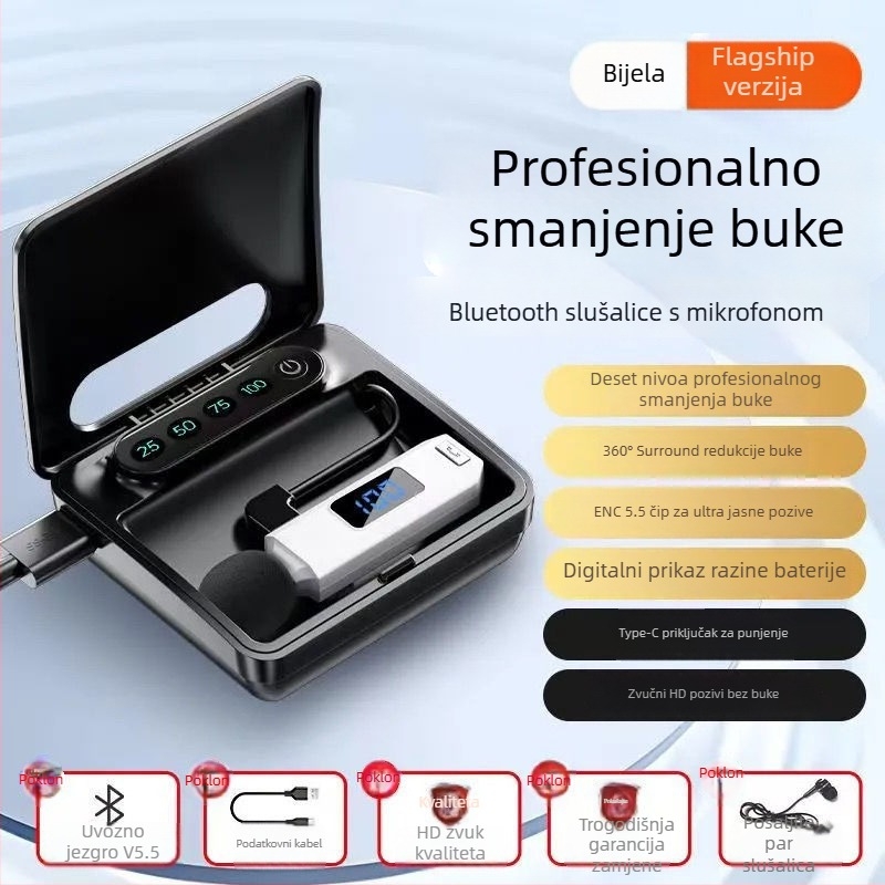 Sportski Lavalier Bluetooth mikrofon | Utišavanje šuma, IPX4 vodootporan, doseg 10 m, Bluetooth 5.5, trajanje baterije >8 h