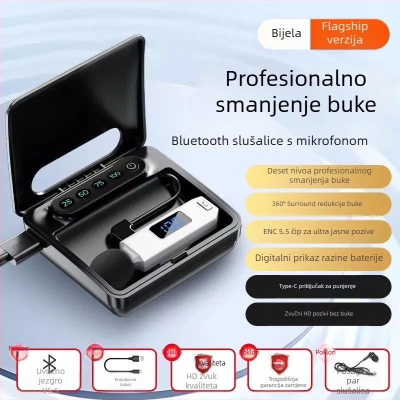 Sportski Lavalier Bluetooth mikrofon | Utišavanje šuma, IPX4 vodootporan, doseg 10 m, Bluetooth 5.5, trajanje baterije >8 h