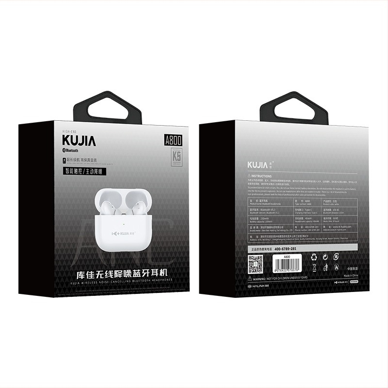 Kujia A200+ bežične TWS in-ear slušalice s aktivnim poništavanjem šuma, Bluetooth 5.3, trajanje baterije 4-8 sati, domet 10 m, dvostruki stereo zvuk