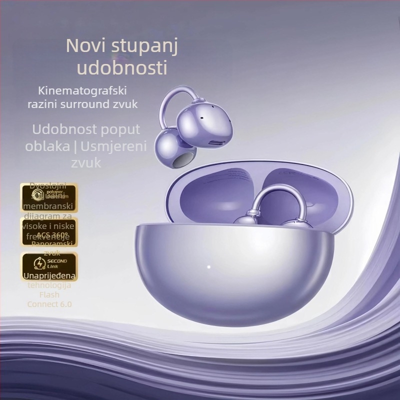 Bluetooth klipsa slušalica s kostnom kondukcijom, otvoreni dizajn uha, dvostruki stereo zvuk, Bluetooth 6.0, baterija 4–8 sati