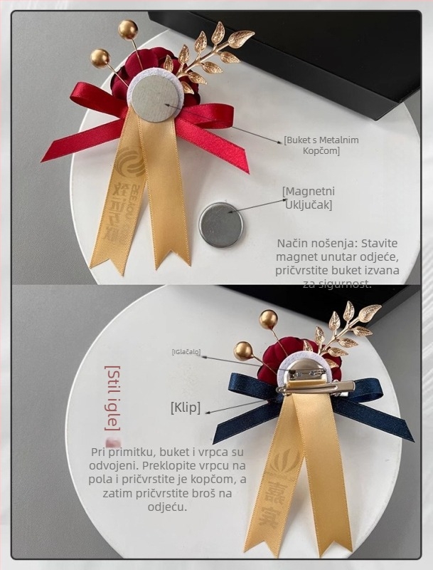 Magnetna kokarda sa svilenim cvijetom i logom tvrtke, samoljepljiva veza; pogodna za otvorenja događaja, poslovni poklon, promotivni poklon, poklon za sastanke.