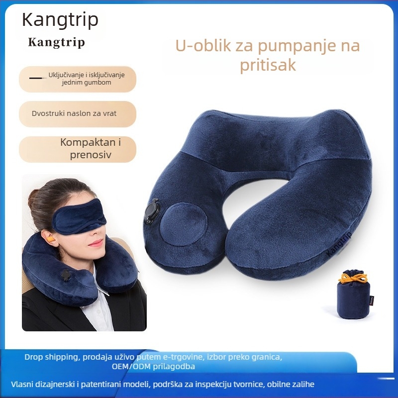 Wanjiayao U-oblikovani jastuk za vrat, uklonjiv i periv, pogodan za putovanja, napuhan plinom, baršunastog materijala