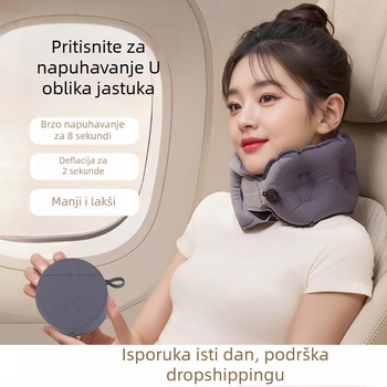 Luxenice Nafukljiva U-oblik putna jastučica za vrat – kompaktna, s tlakom za napuhavanje, najlonska tkanina