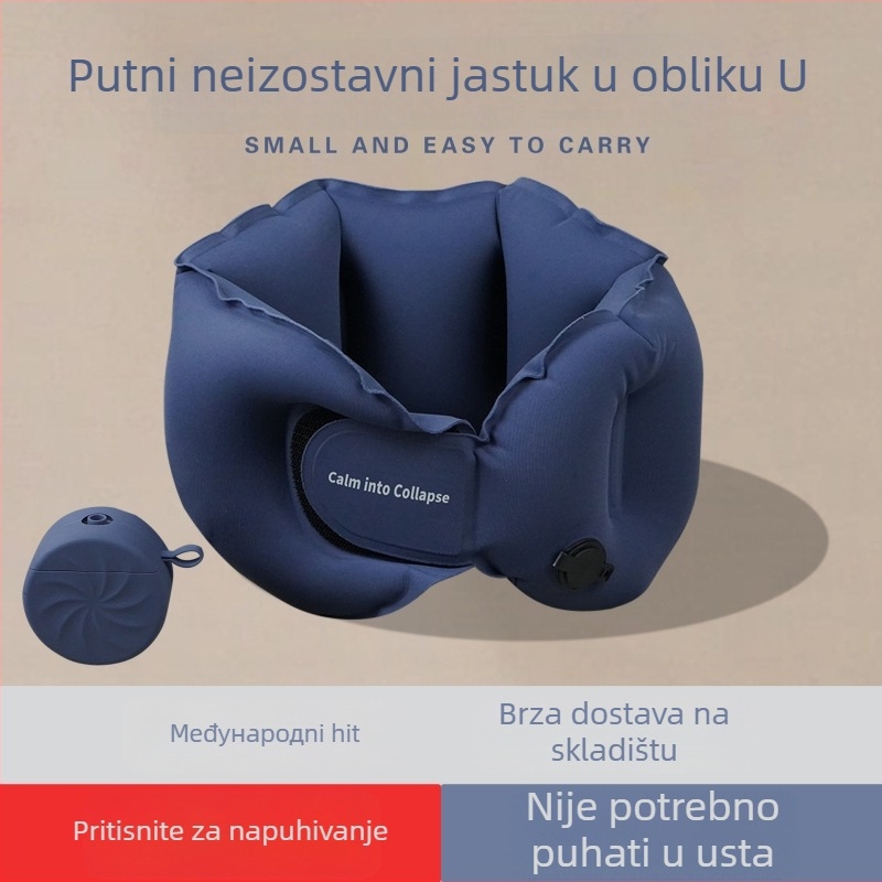 Luxenice Nafukljiva U-oblik putna jastučica za vrat – kompaktna, s tlakom za napuhavanje, najlonska tkanina