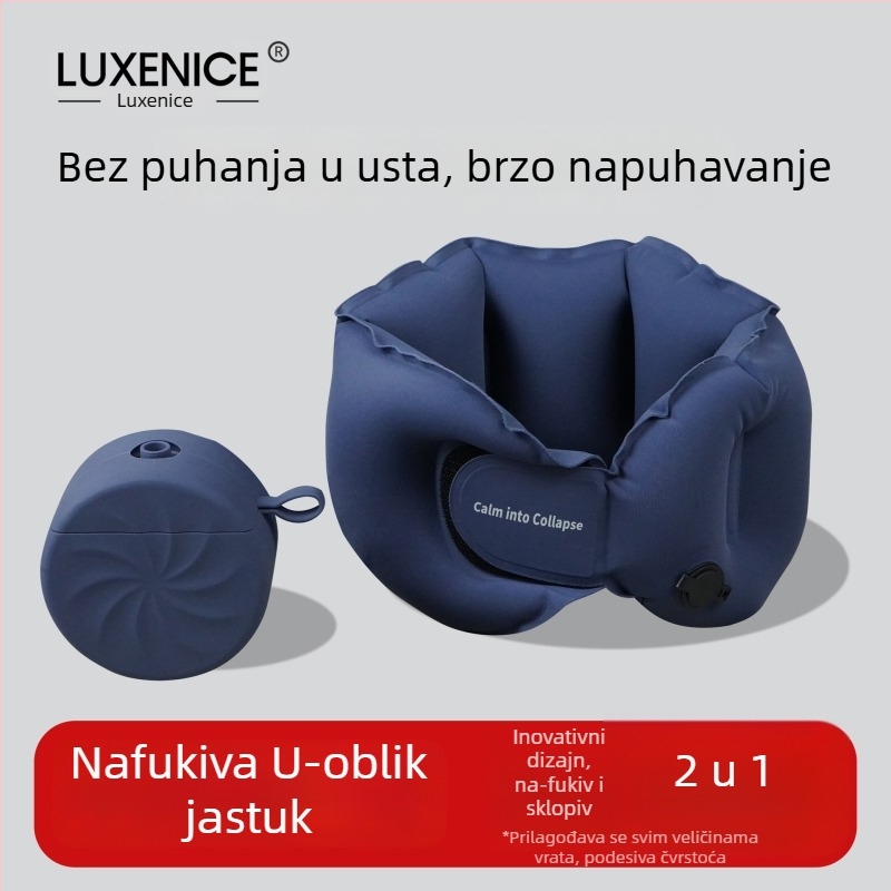 Luxenice Nafukljiva U-oblik putna jastučica za vrat – kompaktna, s tlakom za napuhavanje, najlonska tkanina