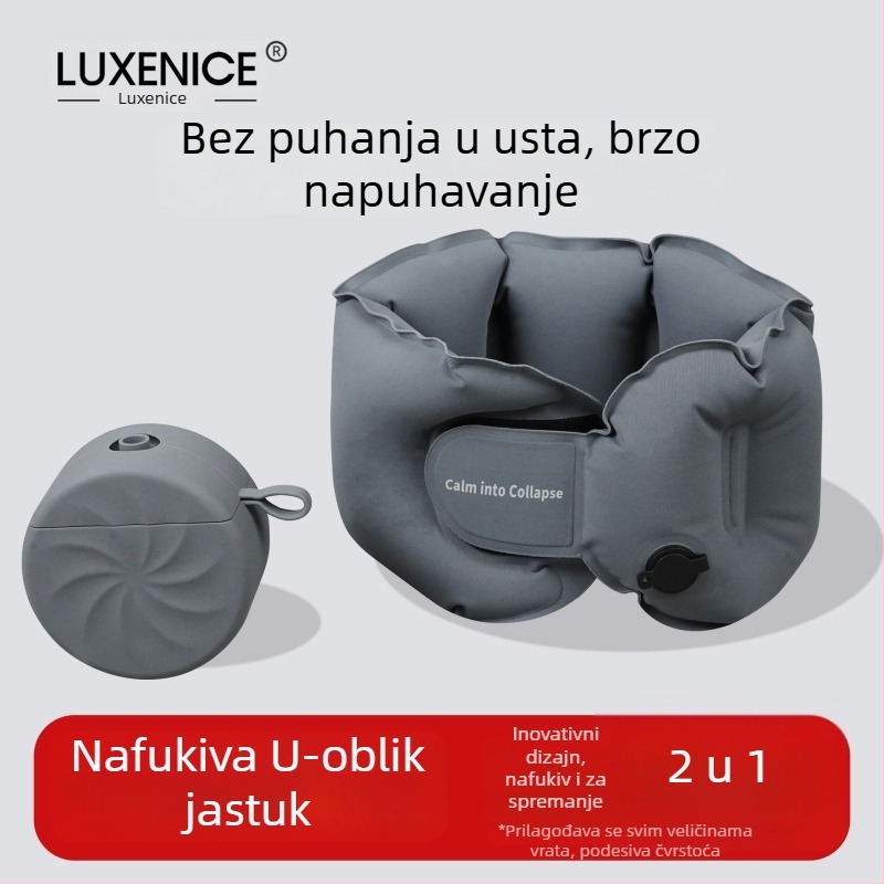 Luxenice Nafukljiva U-oblik putna jastučica za vrat – kompaktna, s tlakom za napuhavanje, najlonska tkanina