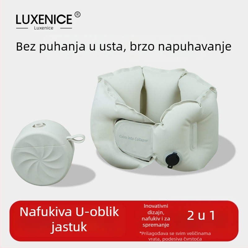 Luxenice Nafukljiva U-oblik putna jastučica za vrat – kompaktna, s tlakom za napuhavanje, najlonska tkanina