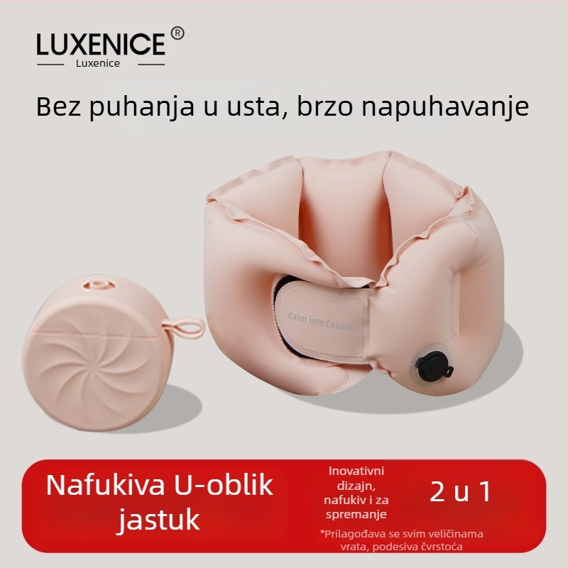 Luxenice Nafukljiva U-oblik putna jastučica za vrat – kompaktna, s tlakom za napuhavanje, najlonska tkanina