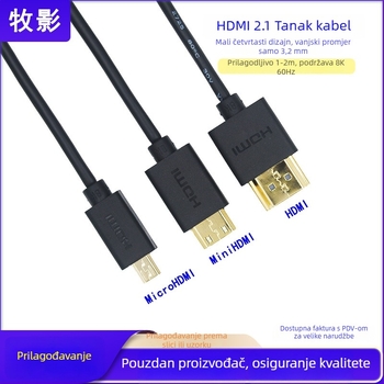 HDMI 2.1 8K tanak fleksibilan kabel Micro HDMI na standardni HDMI, 3 m, zlatni konektori