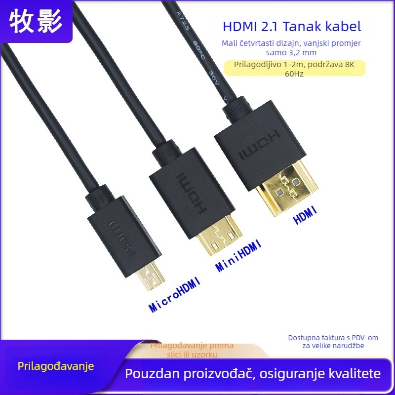 HDMI 2.1 8K tanak fleksibilan kabel Micro HDMI na standardni HDMI, 3 m, zlatni konektori