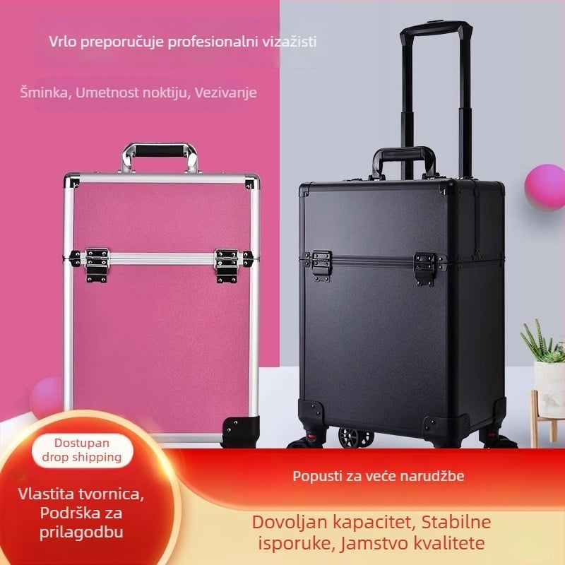 Profesionalna kutija za alat za frizere i kozmetičare s teleskopskom ručkom, ABS+PC materijal, univerzalni kotači, zaključavanje, težina 4,5 kg