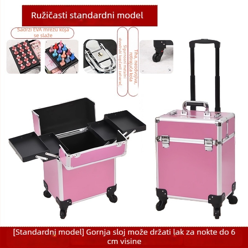 Profesionalna kutija za alat za frizere i kozmetičare s teleskopskom ručkom, ABS+PC materijal, univerzalni kotači, zaključavanje, težina 4,5 kg