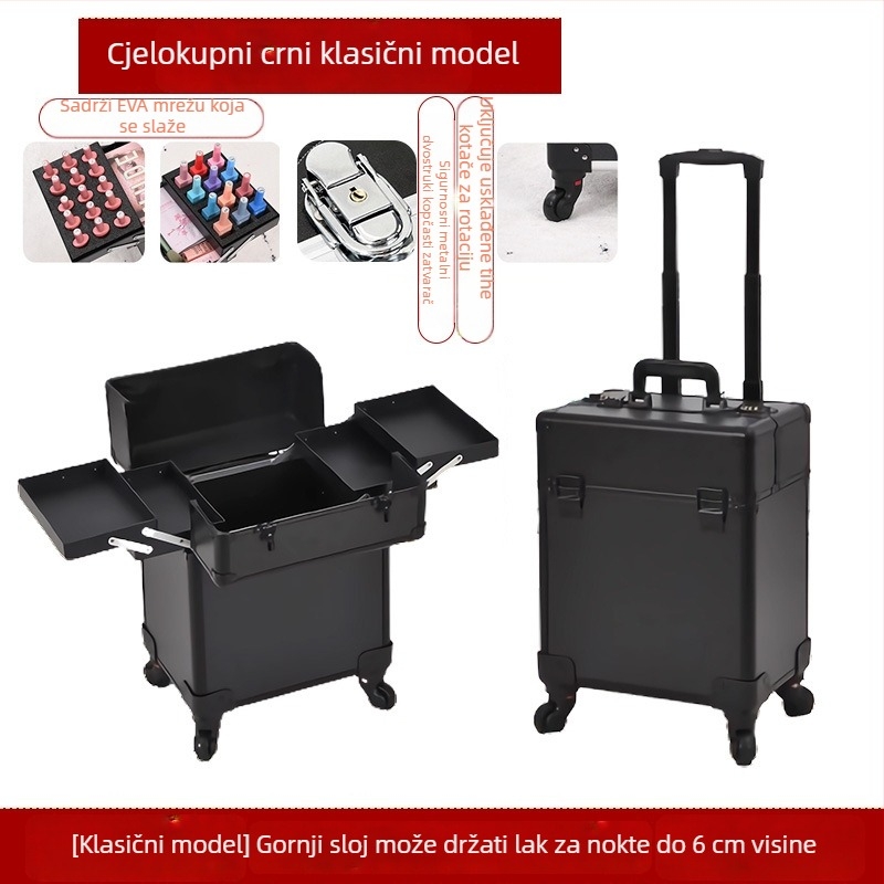 Profesionalna kutija za alat za frizere i kozmetičare s teleskopskom ručkom, ABS+PC materijal, univerzalni kotači, zaključavanje, težina 4,5 kg